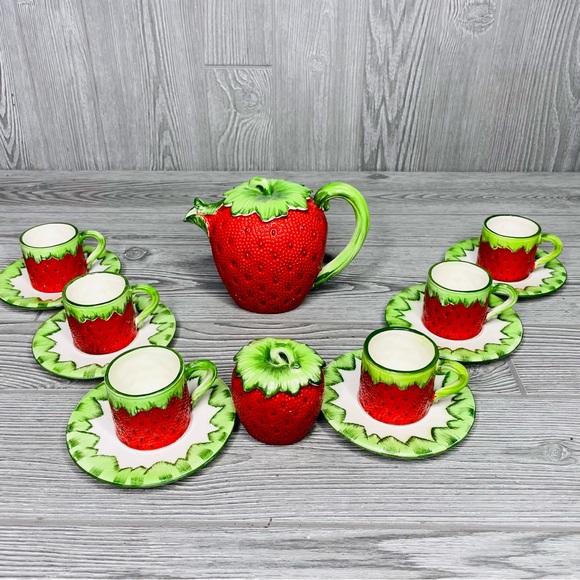 Gift Ideas Creation Strawberry Espresso coffee Tea Set 14 cups saucers pot sugar - Picture 13 of 16